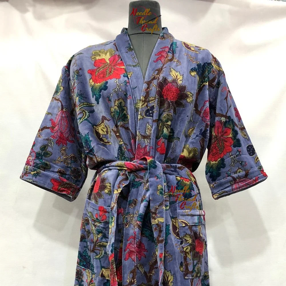 Floral Print Velvet Kimono Luxury Jacket, Party Boho Robe Lounge Wear - Unisex - Picture 8 of 16